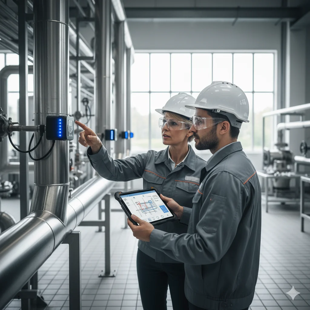 Engineers collaborating on safety protocols in an industrial plant