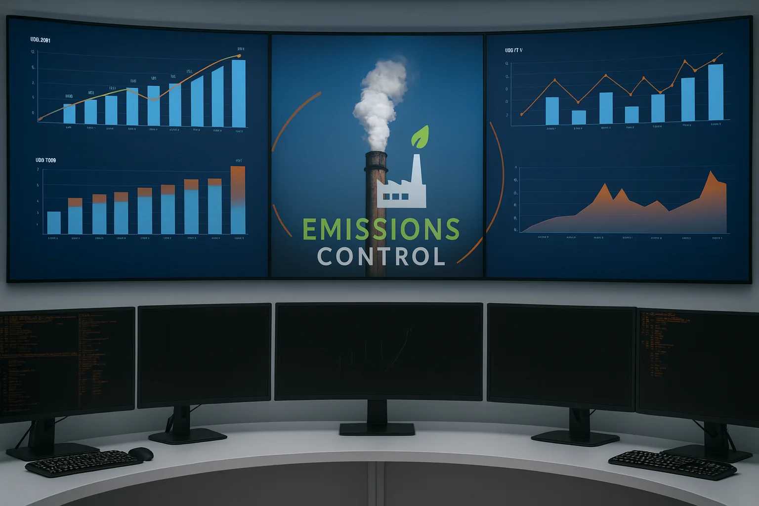 Control room with data dashboards showing efficiency gains